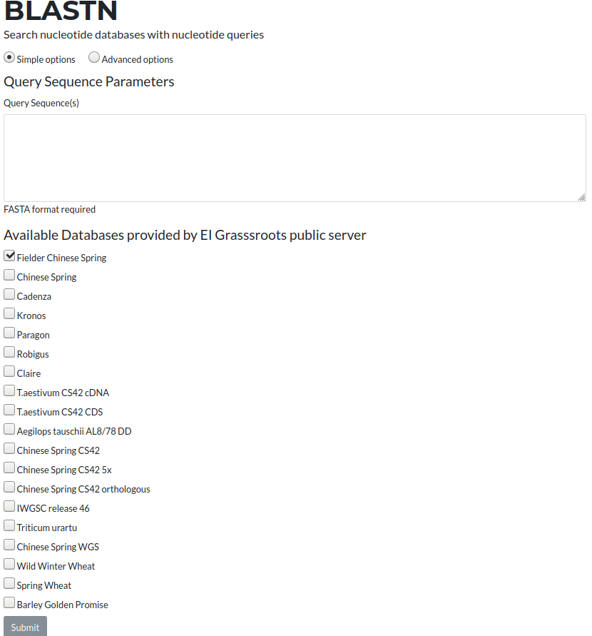 The form for submitting a BLAST search