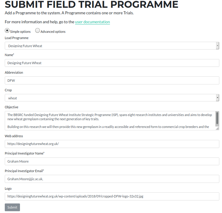 The form for submitting a Programme